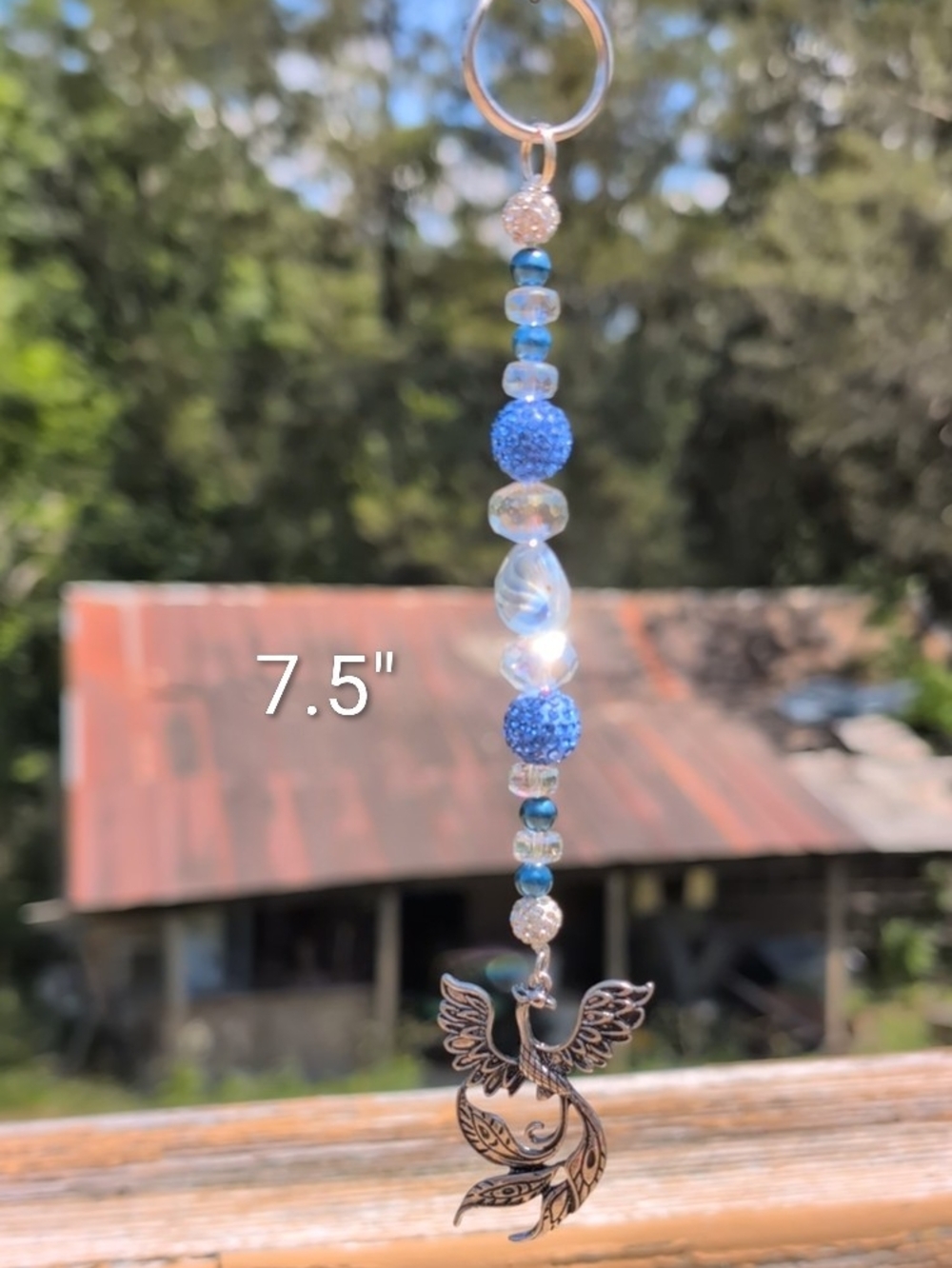Handmade Blue Glass Bead Sun Catcher with Phoenix Charm - 7.5"